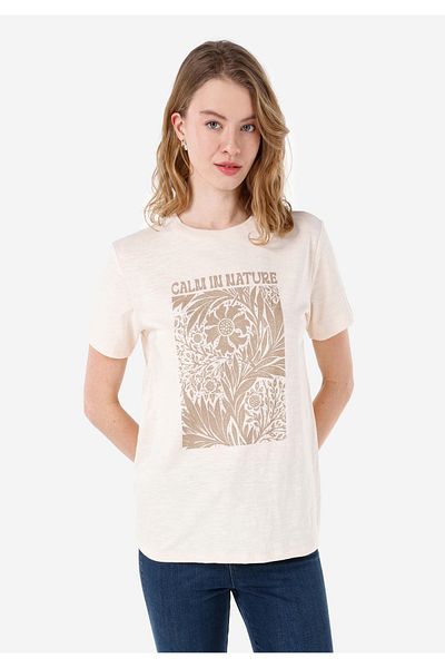 Colin's Regular Fit Round Neck Women's Ecru Short Sleeve T-Shirt