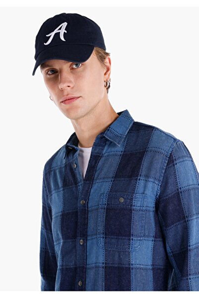 Colin's Slim Fit Shirt Neck Kareli Erkek Mavi Uzun Kol Gömlek