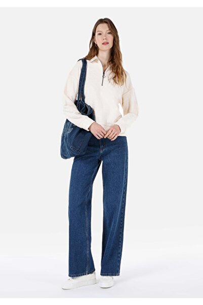 Colin's Regular Fit Fermuarlı Jakarlı Kadın Ekru Uzun Kol Tişört