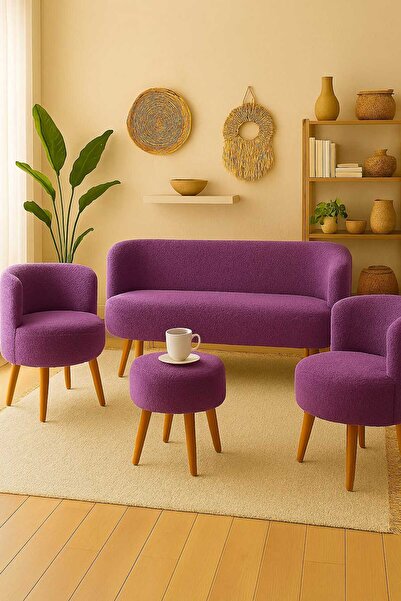 Edam Lila Çay Seti İkili Koltuk Berjer ve Çift kişilik puf  (Salon, Balkon, Ofis) 4'lü Takım