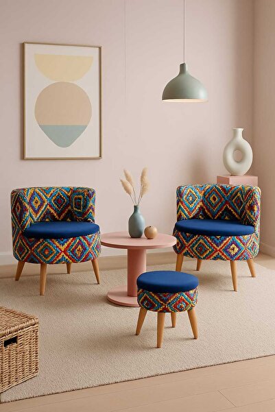 Edam Çay Seti İkili Koltuk Berjer ve Sandık Puf Takımı (Salon, Balkon, Ofis) 3'lü Takım