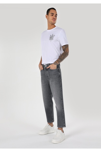 Colin's Loose Relaxed Fit Drop Crotch Kısa Paça Erkek Gri Jean Pantolon
