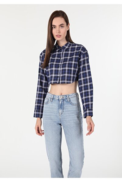 Colin's Regular Fit Shirt Neck Ekoseli Kadın Lacivert Uzun Kol Gömlek