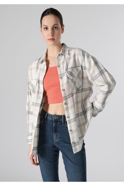 Colin's Regular Fit Shirt Neck Ekoseli Kadın Bej Uzun Kol Gömlek