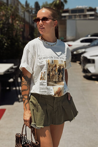 Le'sluette shadow of style Γυναικείο μπλουζάκι με στάμπα εφημερίδων Oversize 100% βαμβάκι