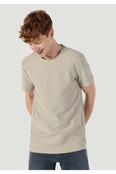 Colin's Regular Fit Round Neck Jacquard Men's Beige Short Sleeve T-Shirt