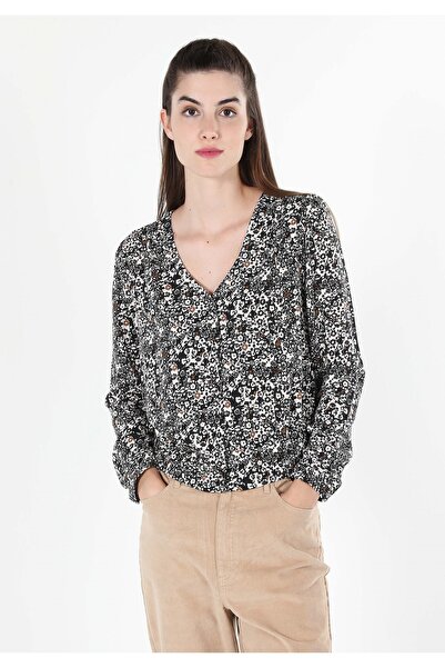 Colin's Regular Fit V Yaka Baskılı Kadın Lacivert Uzun Kol Gömlek