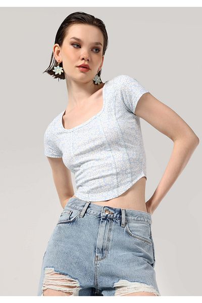 Colin's Blue Crop Women's T-Shirt - Slim Fit, Wide Collar, Short Sleeve