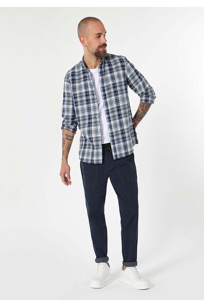Colin's Slim Fit Shirt Neck Plaid Men's Blue Long Sleeve Shirt