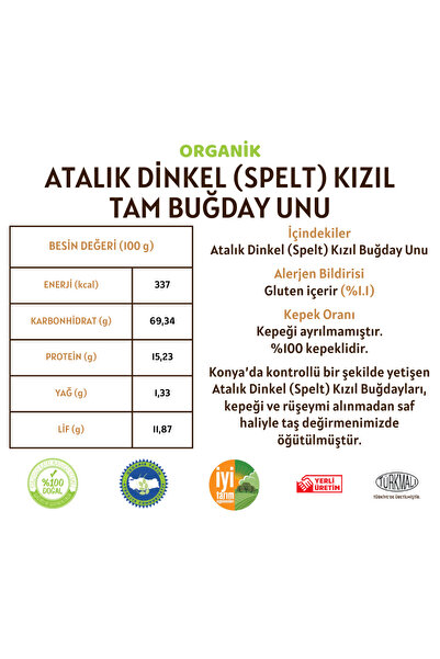 Değirmenden Organik Atalık Dinkel Spelt Kızıl Tam Buğday Unu - 1 Kilo