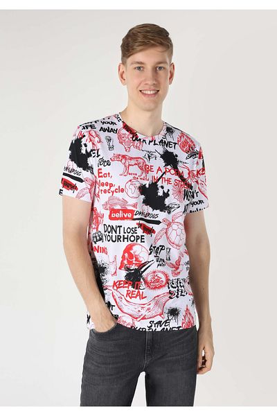 Colin's Regular Fit Round Neck Printed Men's White Short Sleeve T-Shirt