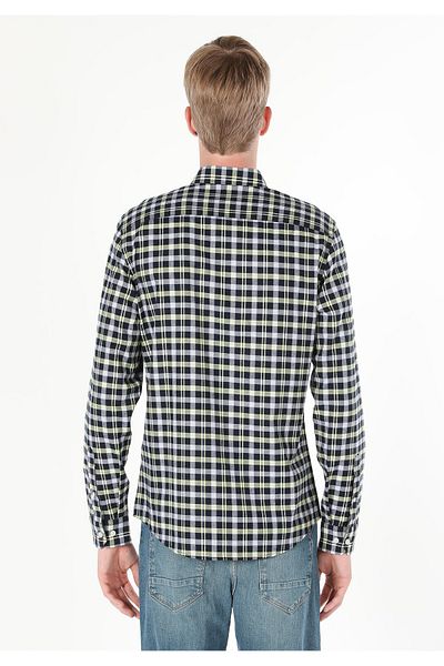 Colin's Slim Fit Shirt Neck Plaid Men's Navy Blue Long Sleeve Shirt