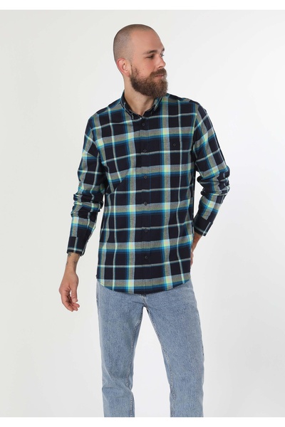 Colin's Regular Fit Shirt Neck Ekoseli Erkek Lacivert Uzun Kol Gömlek