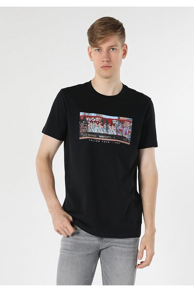 Colin's Regular Fit Round Neck Knitted Printed Pocketless Men's Black Short Sleeve T-Shirt
