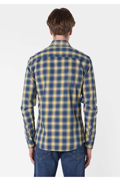 Colin's Slim Fit Shirt Neck Plaid Men's Blue Long Sleeve Shirt
