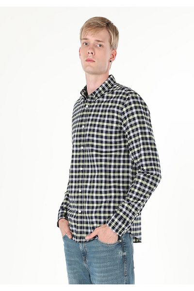 Colin's Slim Fit Shirt Neck Plaid Men's Navy Blue Long Sleeve Shirt