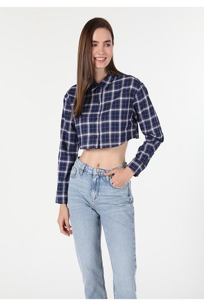 Colin's Regular Fit Shirt Neck Plaid Women's Navy Blue Long Sleeve Shirt