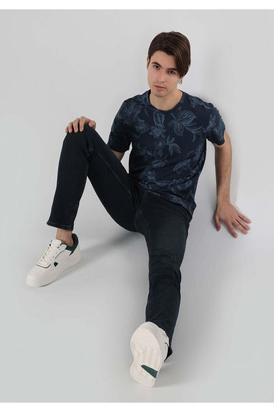 Colin's Regular Fit Round Neck Knitted Printed Pocketless Men's Navy Blue Short Sleeve T-Shirt