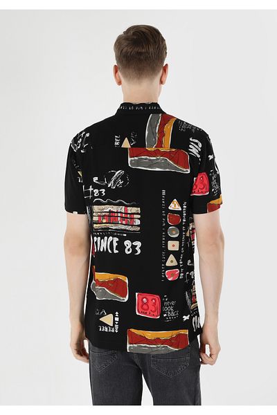 Colin's Regular Fit Viscose Shirt Neck Printed Pocketless Men's Black Short Sleeve Shirt