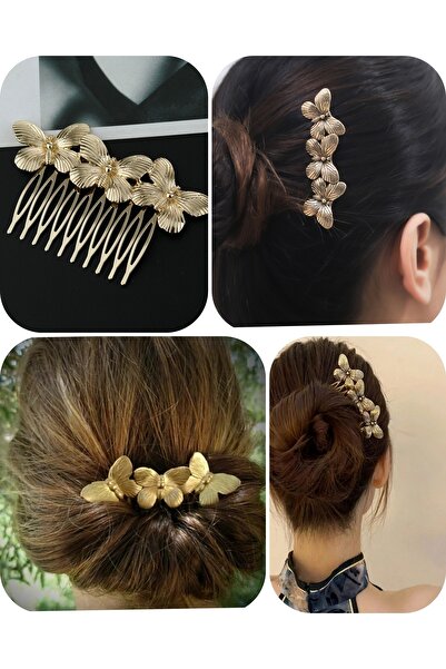 GÜLPEŞE Gold Metal Kelebek Tarak Toka Topuz Tokası Yan Toka Yeni-202