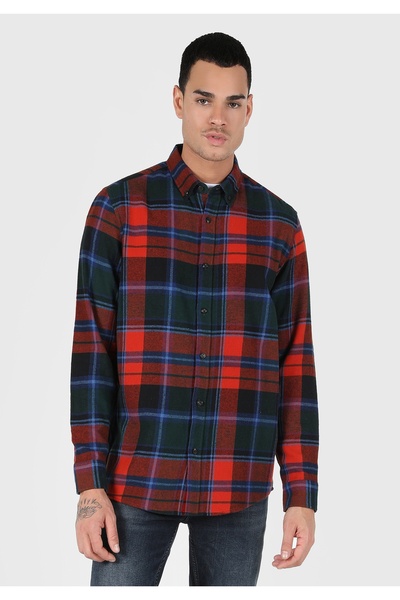 Colin's Regular Fit Shirt Neck Ekoseli Erkek Turuncu Uzun Kol Gömlek