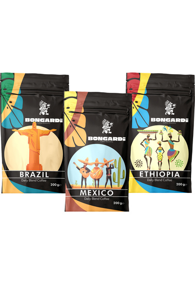 Bongardi Coffee Brezilya Etiyopya Meksika Yöresel Blend Kahve Seti 3x200g (ÇEKİRDEK VEYA ÖĞÜTÜLMÜŞ SEÇİLEBİLİR)