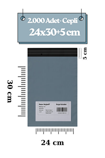 PikaPack Küçük Boy 2000 Adet, 24x30x5 cm Cepli Plastik Kargo Poşeti Dayanıklı Su Geçirmez Gri Renk