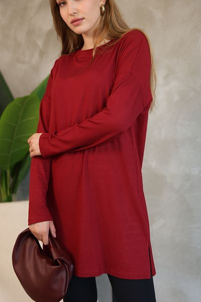 LUQAJ Modest Low Sleeve Burgundy Oversize Lycra Modal Combed Cotton Hijab Basic Tunic