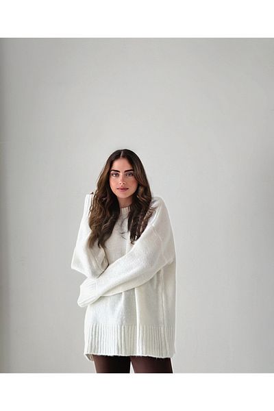 İLKCET MODA Oversize Ecru Basic Women's Sweater