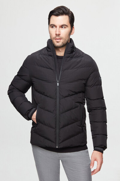 Twn Black Slim Fit - Windproof Jacket with Concealable Hood and Fiber Filling
