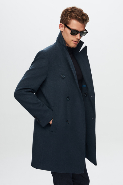 D'S Damat Ds Damat Regular Fit Petrol Düz Yünlü Kruvaze Kaşe Palto