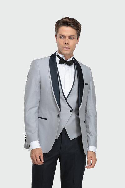 D'S Damat Ds Damat Slim Fit Gri Jakar Desenli Damatlık & Smokin Yelekli Takim Elbise