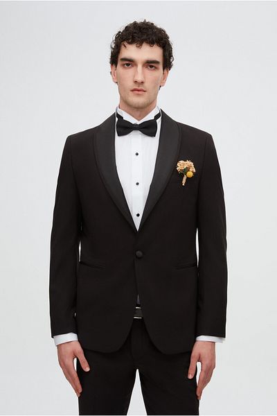 Twn Black Slim Fit Tuxedo - Plain Groom Suit with Vest