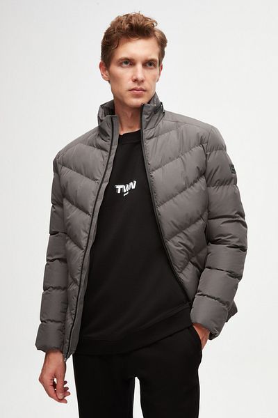 Twn Gray Slim Fit Hooded Fiber Filled Windproof Jacket