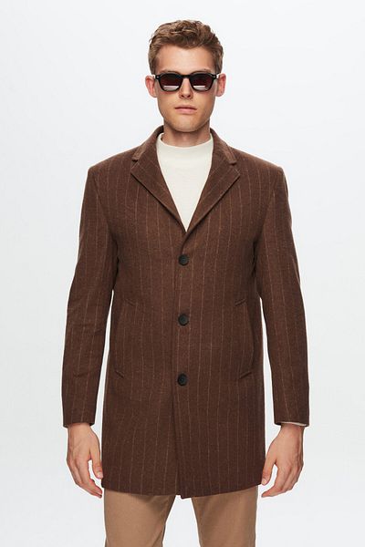 Twn Brown Striped Slim Fit Woolen Coat