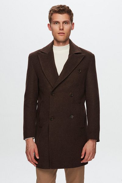 D'S Damat Ds Damat Regular Fit Brown Plain Woolen Double Breasted Cashmere Coat