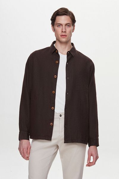 D'S Damat Ds Damat Comfort Fit Brown Plain 100% Linen Shirt Jacket