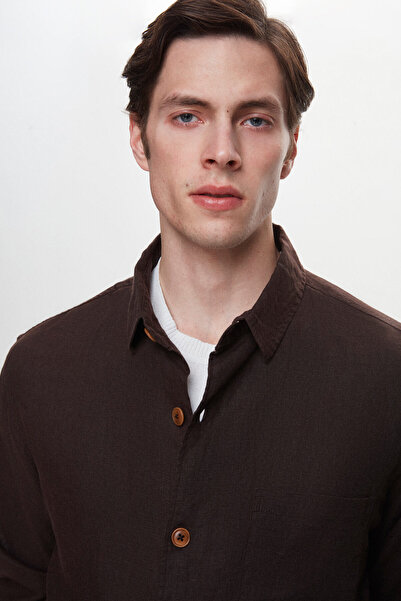 D'S Damat Ds Damat Comfort Fit Καφέ Μασίφ 100% Λινό Πουκάμισο