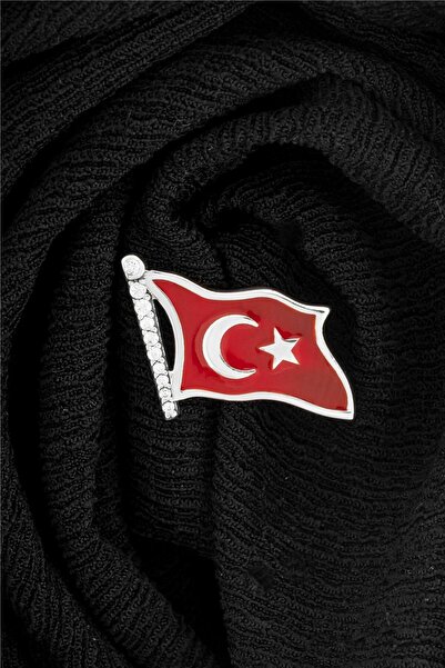 Silverplus 925 Ayar Gümüş Zirkon Taşlı Türk Bayrağı Rozet