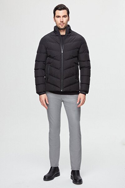 Twn Black Slim Fit - Windproof Jacket with Concealable Hood and Fiber Filling
