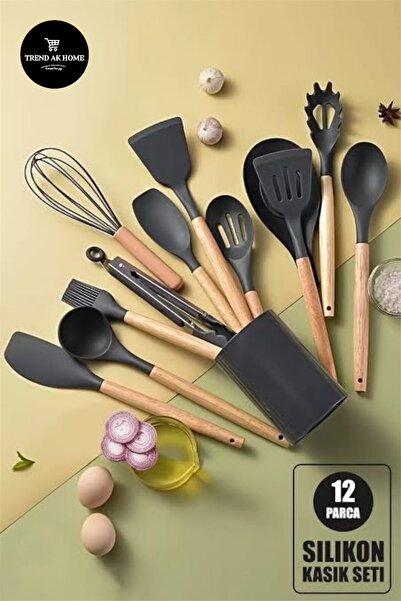 OSKAR FIRÇA Set of 12 Piece Serving Spoons with Wooden Handle Heat Resistant Silicone