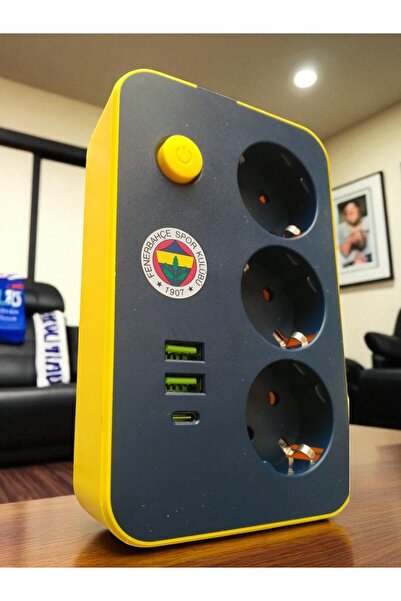 Fenerbahçe Lisanslı Bandrollü Akım Korumalı 3’lü Grup Priz + USB & Type-C Soketler – 2 Metre Kablolu