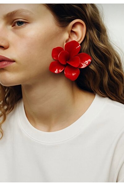 Ayşegülce Takılar ZRA Model Kırmızı Gül Çiçek Figürlü Gösterişli Büyük Küpe