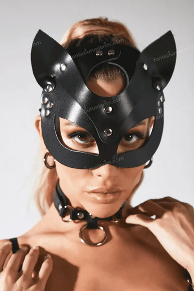 Sofya Passion Fancy Leather Mask with Naughty Cat Ears Leather Look, Role Play Costume Accessory
