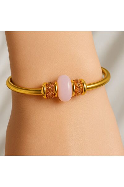 LOVELOTUS سوار فولاذي قابل للتعديل من حجر الكوارتز الوردي الطبيعي