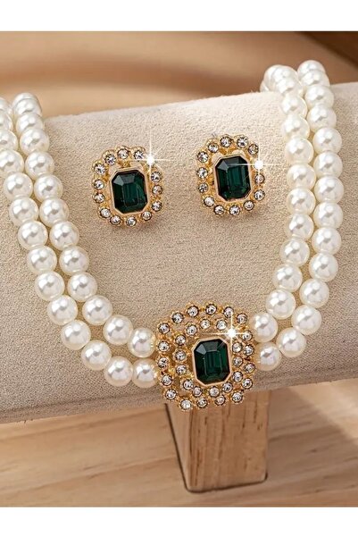 Manu Collection Kadın kenarları gold taşlı İncili kolye küpe set