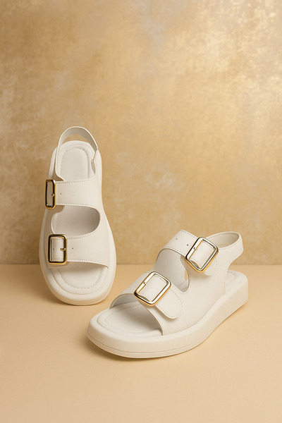 İmerShoes White Women's Sandals - Double Buckle, Comfortable Thick Sole, Flexible Shoes 313
