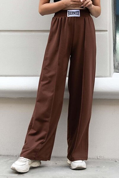lamelif Bitter Brown Colored Balance Emblem Striped Sweatpants