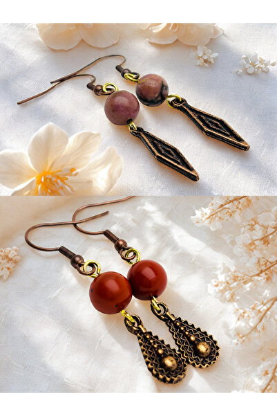 ayrestyle مجموعة أقراط من رودونيت وجاسبر من الأحجار الطبيعية مكونة من قطعتين