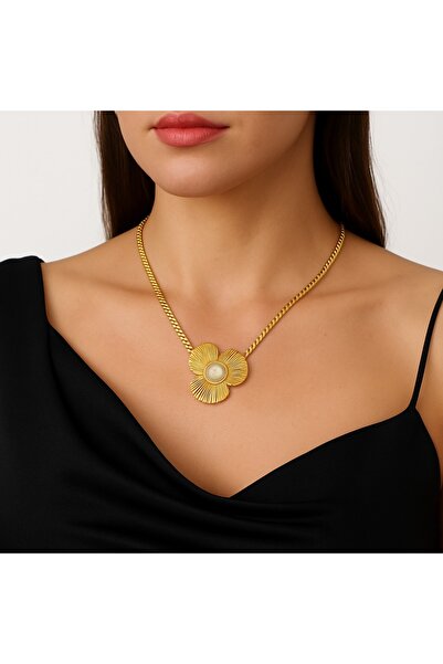 bettin tasarım Kalın Zincirli İncili Yonca Uçlu 316L Paslanmaz Çelik Kadın Ko...